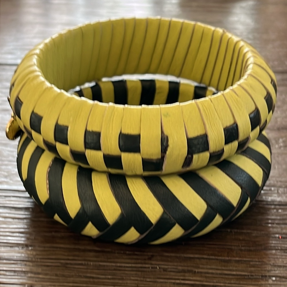 Adolfo Dominguez Black and Green Leather Wrapped Bangle Bracelets. - Picture 8 of 8